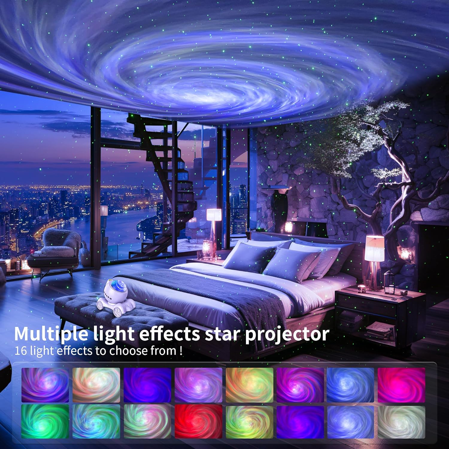 LED galaxy projector with Bluetooth speaker, designed for realistic night sky visuals and soft lighting in home interiors