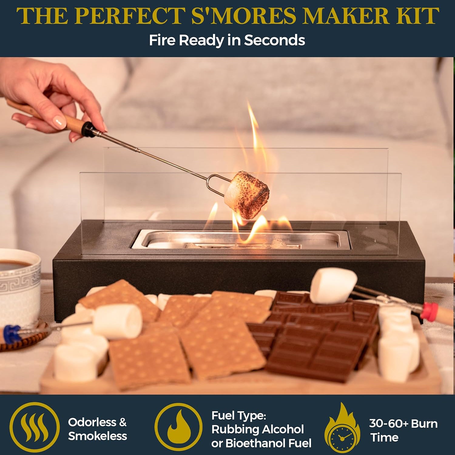 Tabletop fire pit for family-friendly marshmallow roasting, providing safe and fun s’mores-making sessions indoors or out