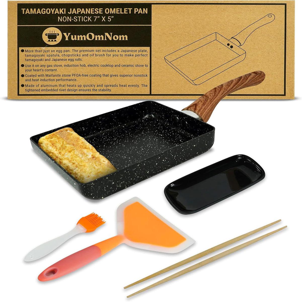 Tamagoyaki pan set for making Japanese omelettes, a nonstick rectangular pan ideal for creating authentic tamagoyaki rolls in your kitchen