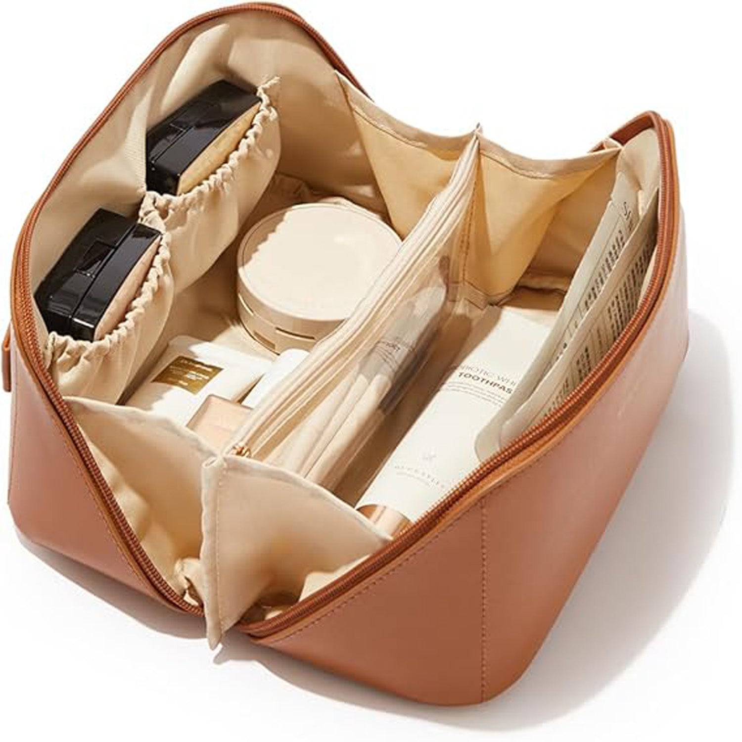 Stylish travel makeup bag with ample storage for cosmetics, skincare products, and toiletries, ideal for on-the-go makeup organization