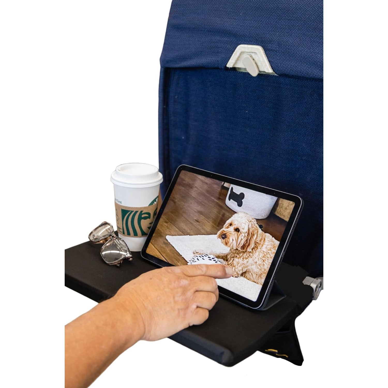 Airplane pocket organizer for efficient use of tray space on long flights