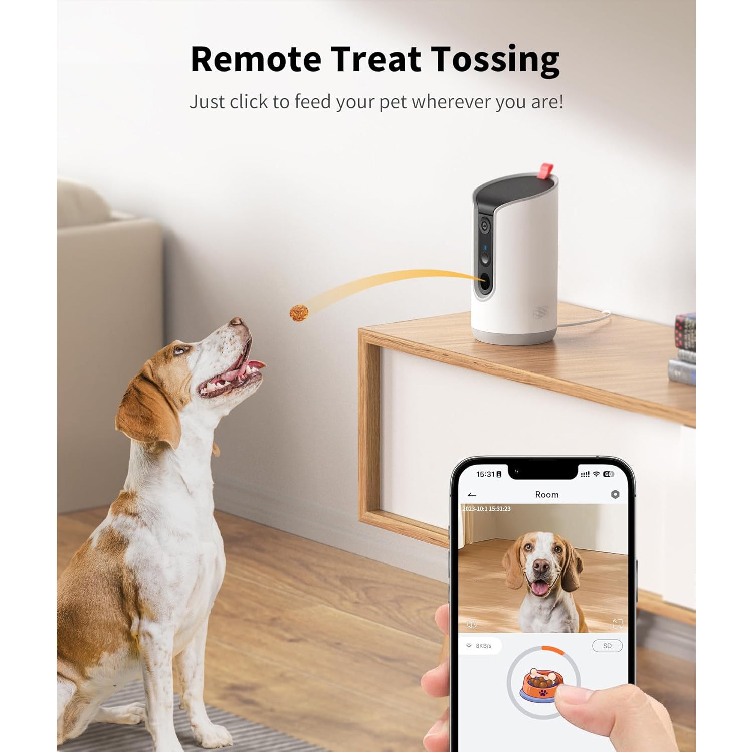 Pet monitoring camera with treat feeder for home use