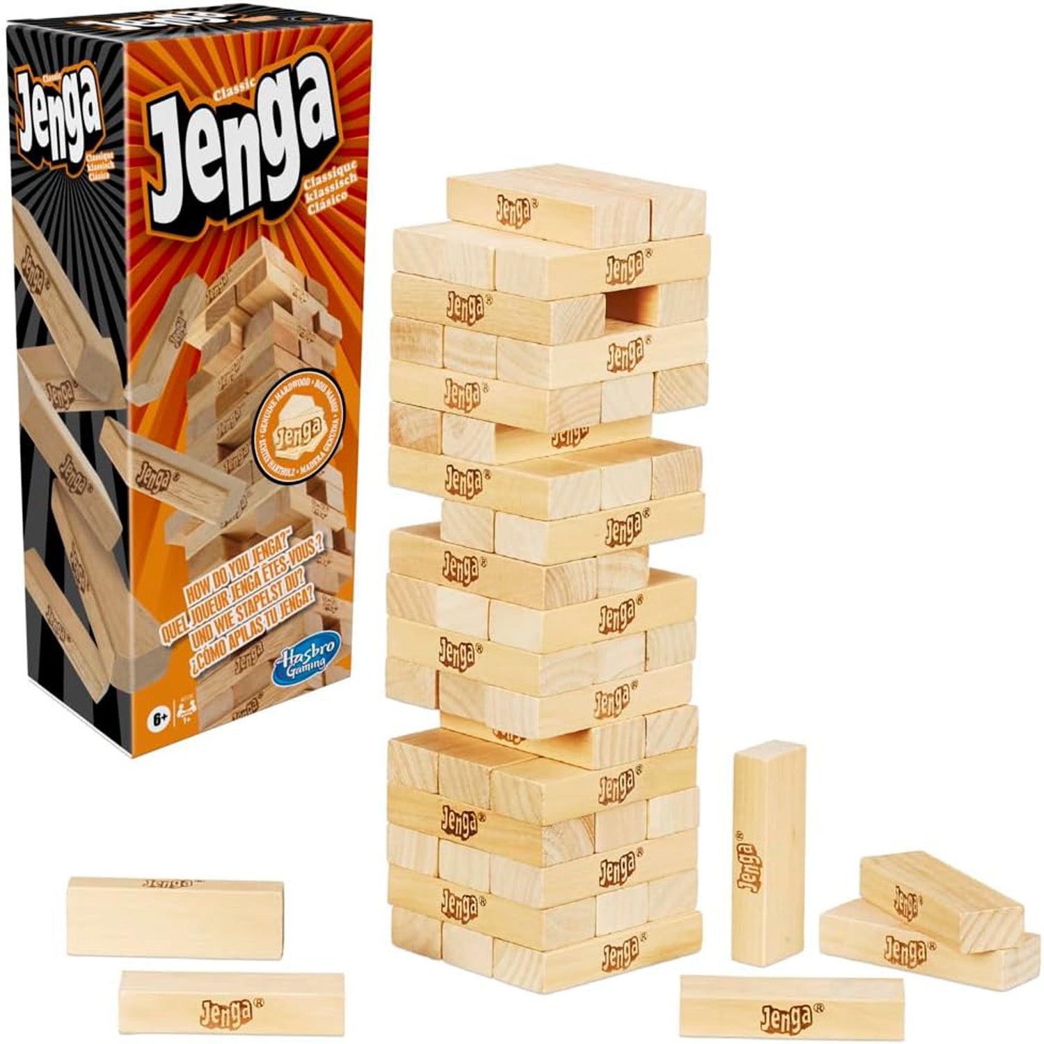 A classic tumbling tower game featuring beautifully crafted wooden blocks stacked high, perfect for family gatherings and game nights