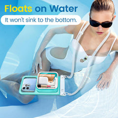 Floating waterproof phone pouch with a secure seal, ideal for pool, beach, and travel, allowing phone protection in any environment