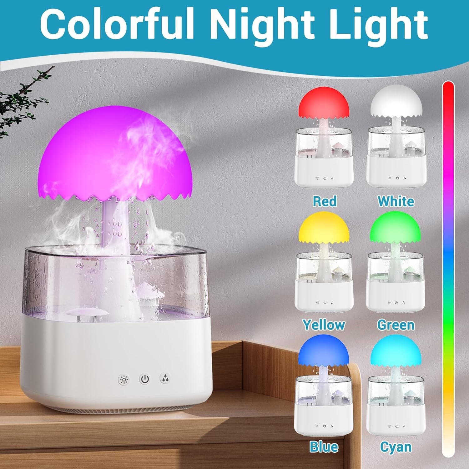 Unique water drip humidifier with a cloud design, combining LED lighting and essential oil compatibility for a relaxing, fragrant mist