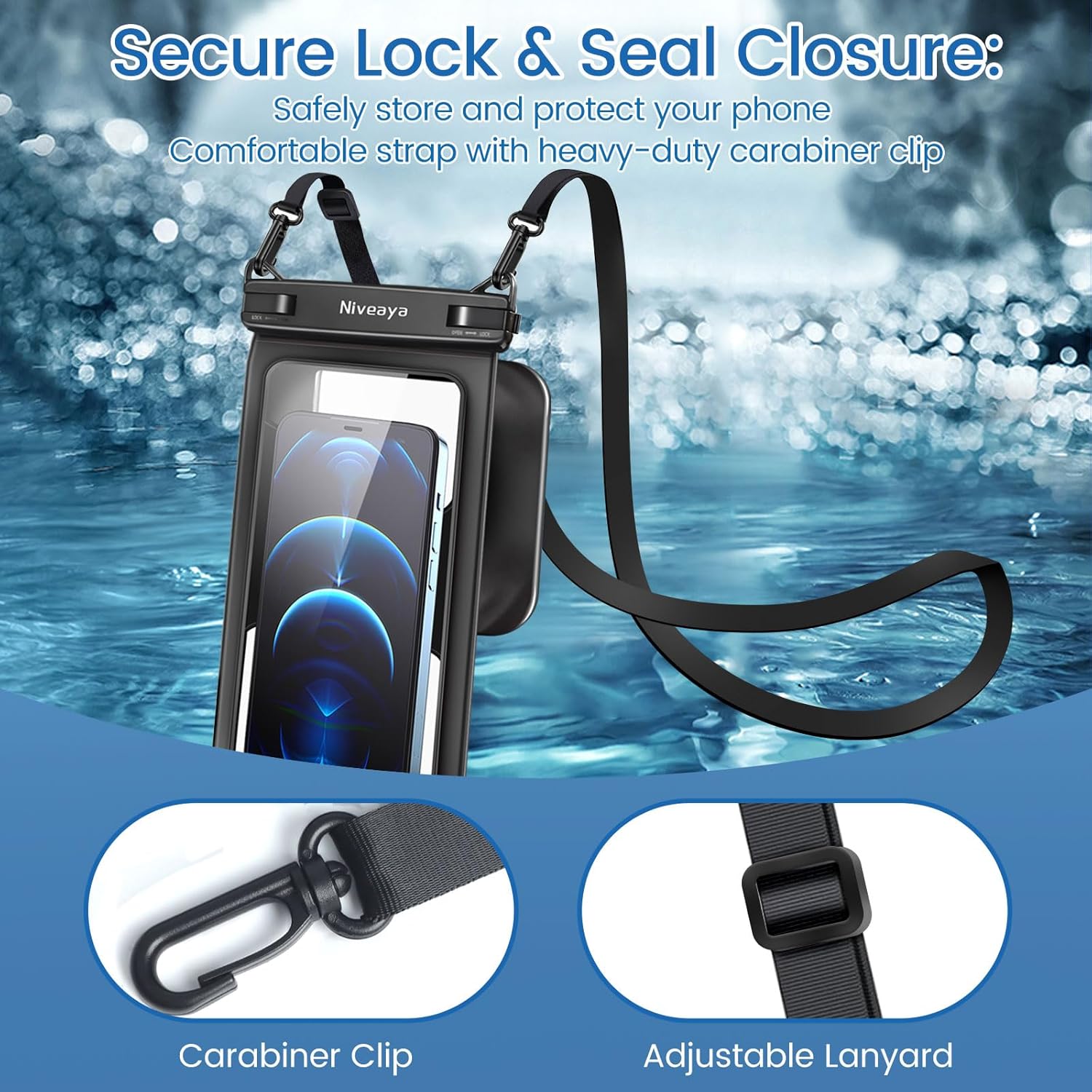 Clear waterproof phone pouch with touch-sensitive screen cover, ideal for underwater photography and water adventures