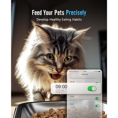 WiFi cat feeder with 5G connection, featuring precise portion control, feeding timer, and smartphone app notifications for daily feeding management