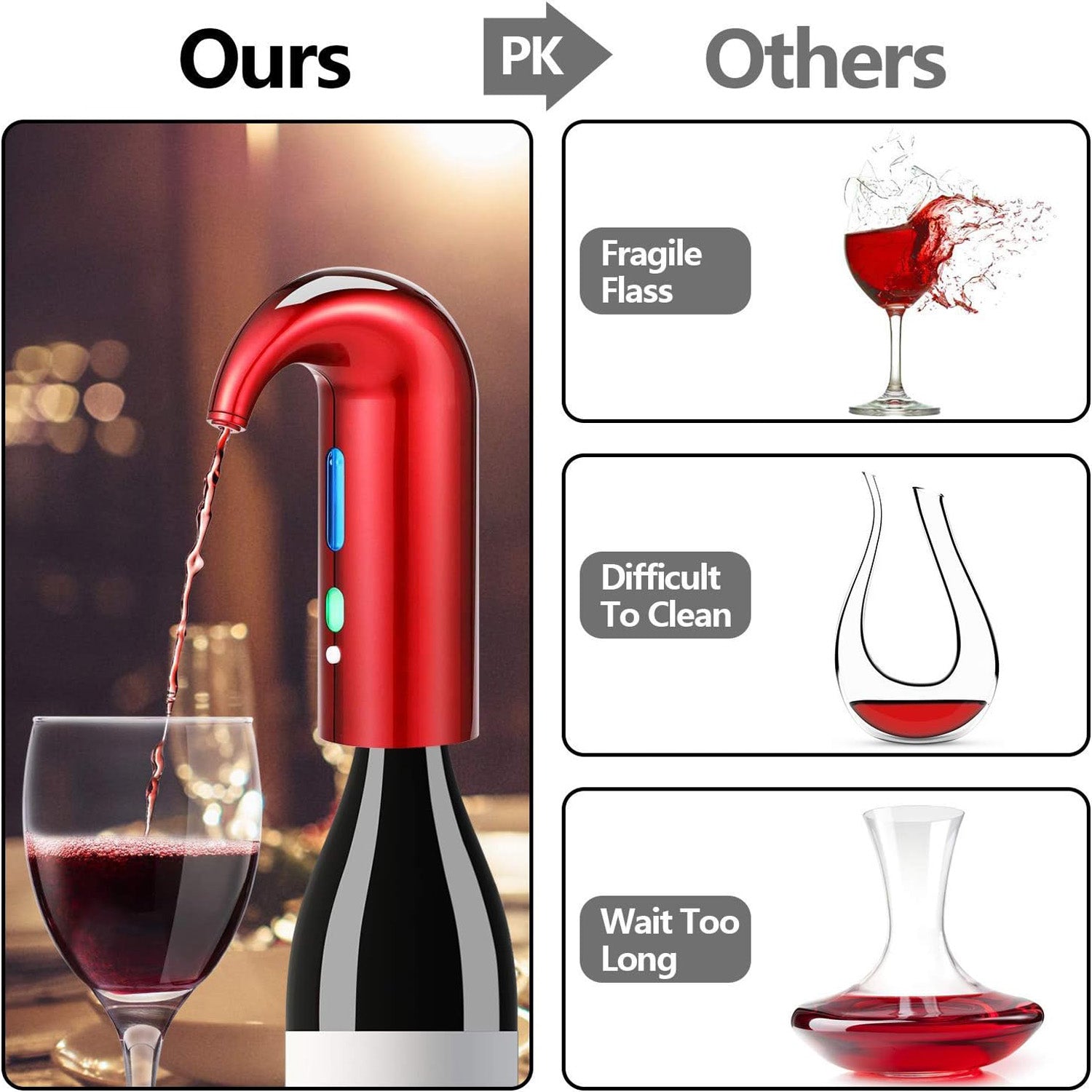 Automatic wine aerator pouring red wine into a glass, showcasing the rich color and aeration process for optimal taste