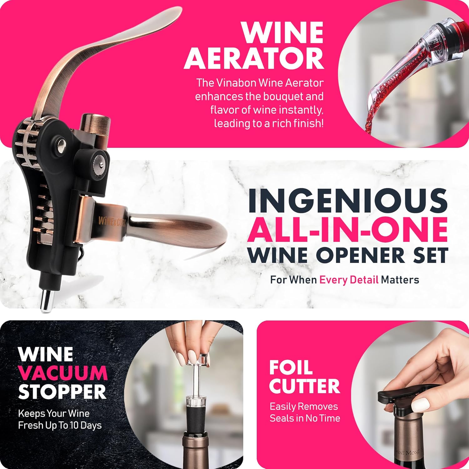 Professional-grade wine opener set featuring corkscrew and other essential wine tools for effortless bottle opening