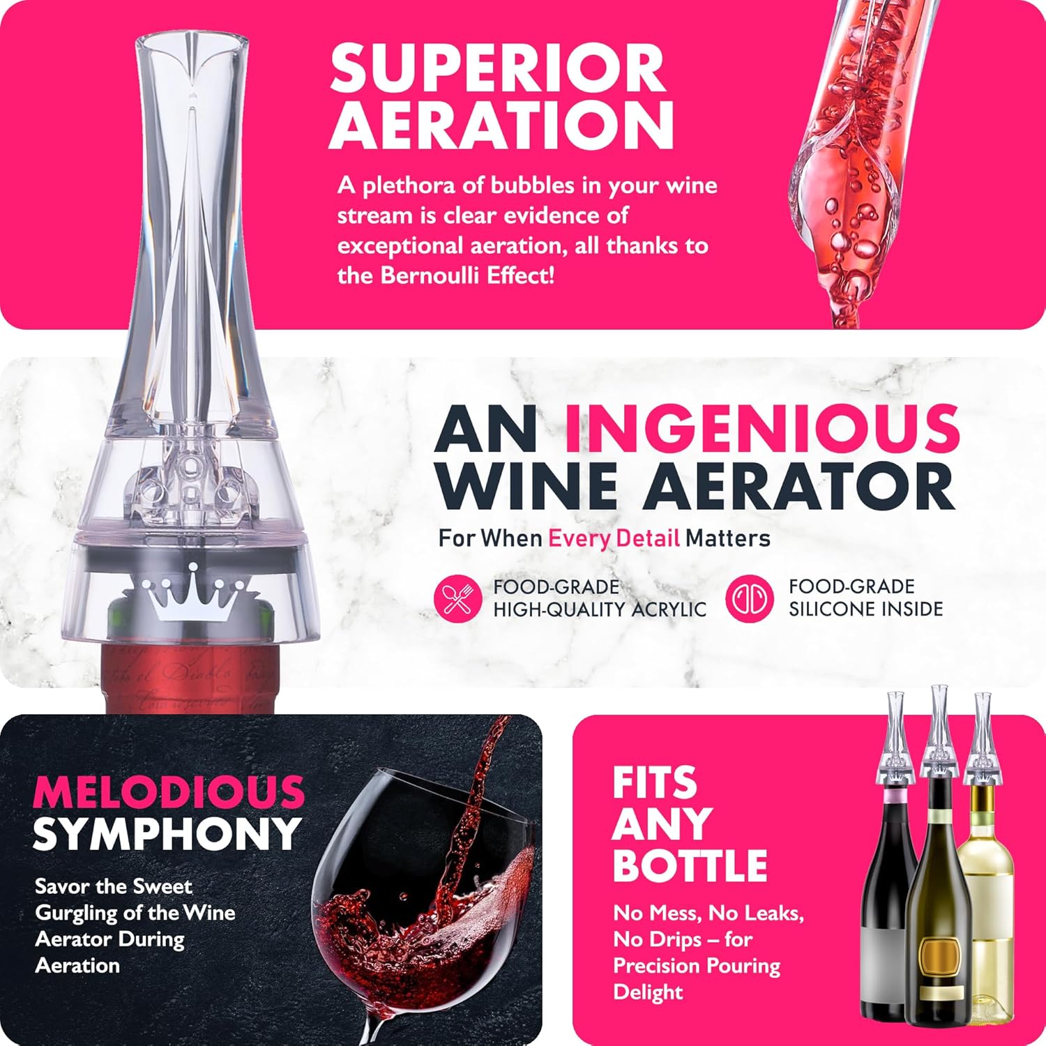 Stylish wine pourer that combines functionality and design, ensuring a smooth flow of wine from bottle to glass without mess or waste