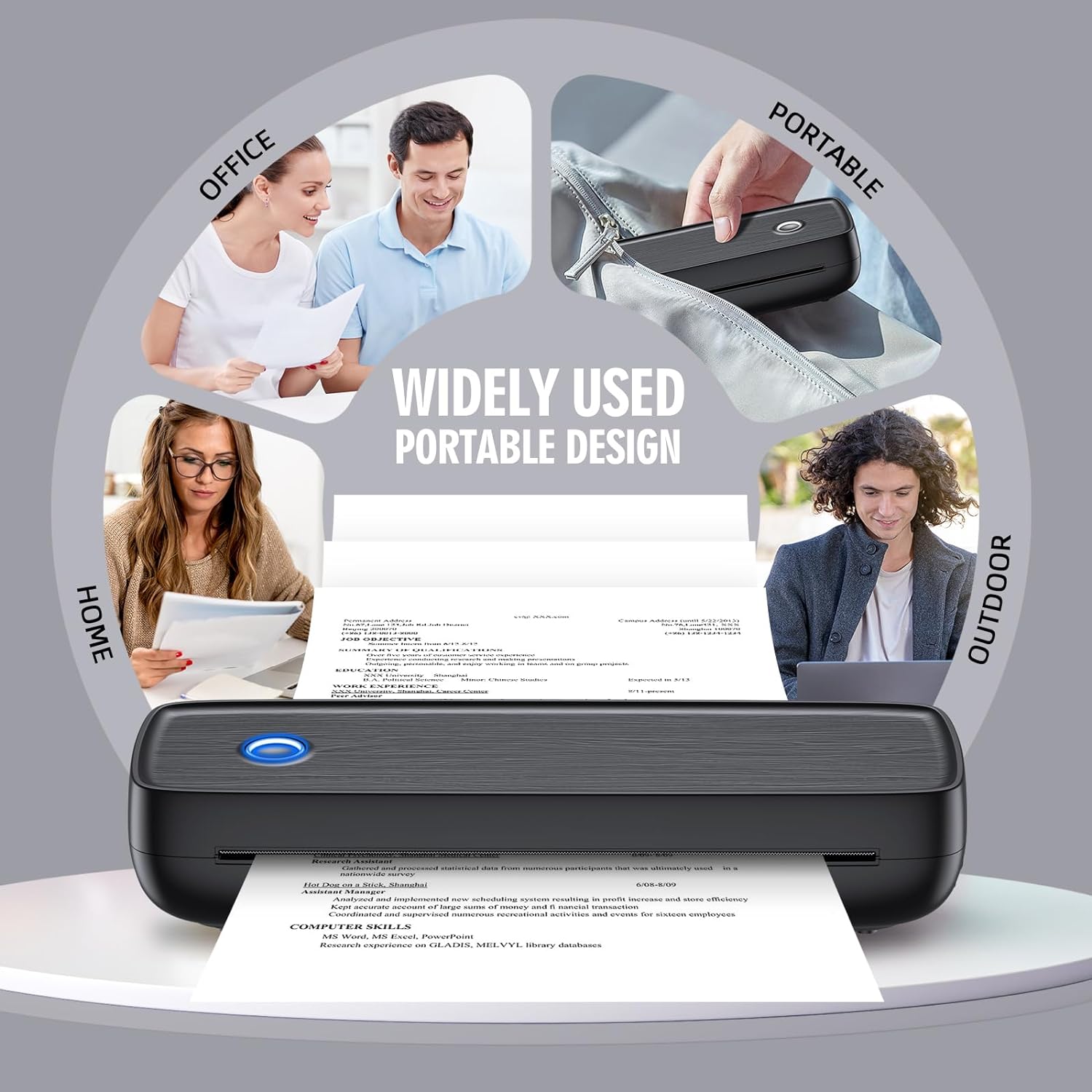 Portable mobile printer with wireless connection options, designed for travelers and remote workers to print documents and photos anywhere