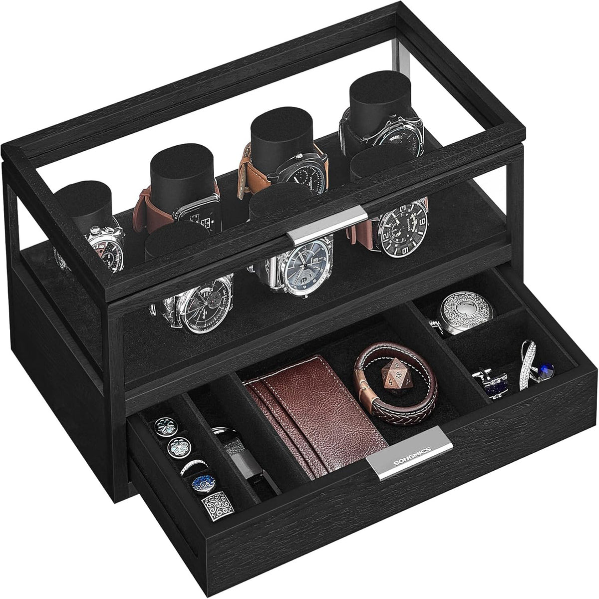 Beautifully crafted 2-tier wooden watch case, perfect for storing and displaying a collection of luxury watches, with a stylish glass lid and secure compartments